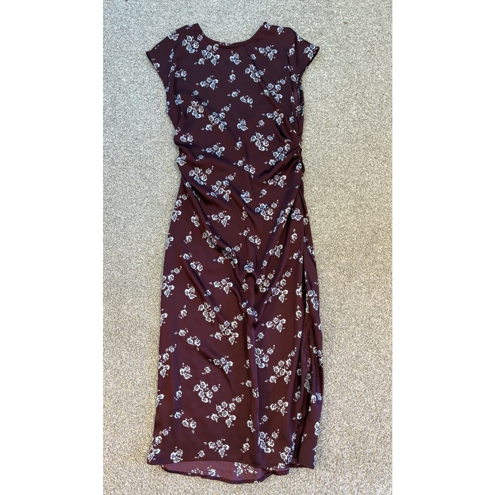 A New Day Women's S Short Sleeve Ruched Midi Shift Dress Burgundy Blue Floral